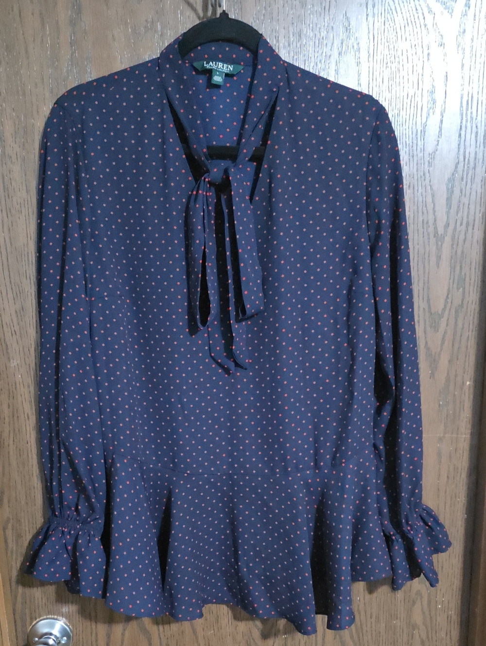 Lauren Ralph Lauren Navy Blouse with Red Dots Tie-Neck